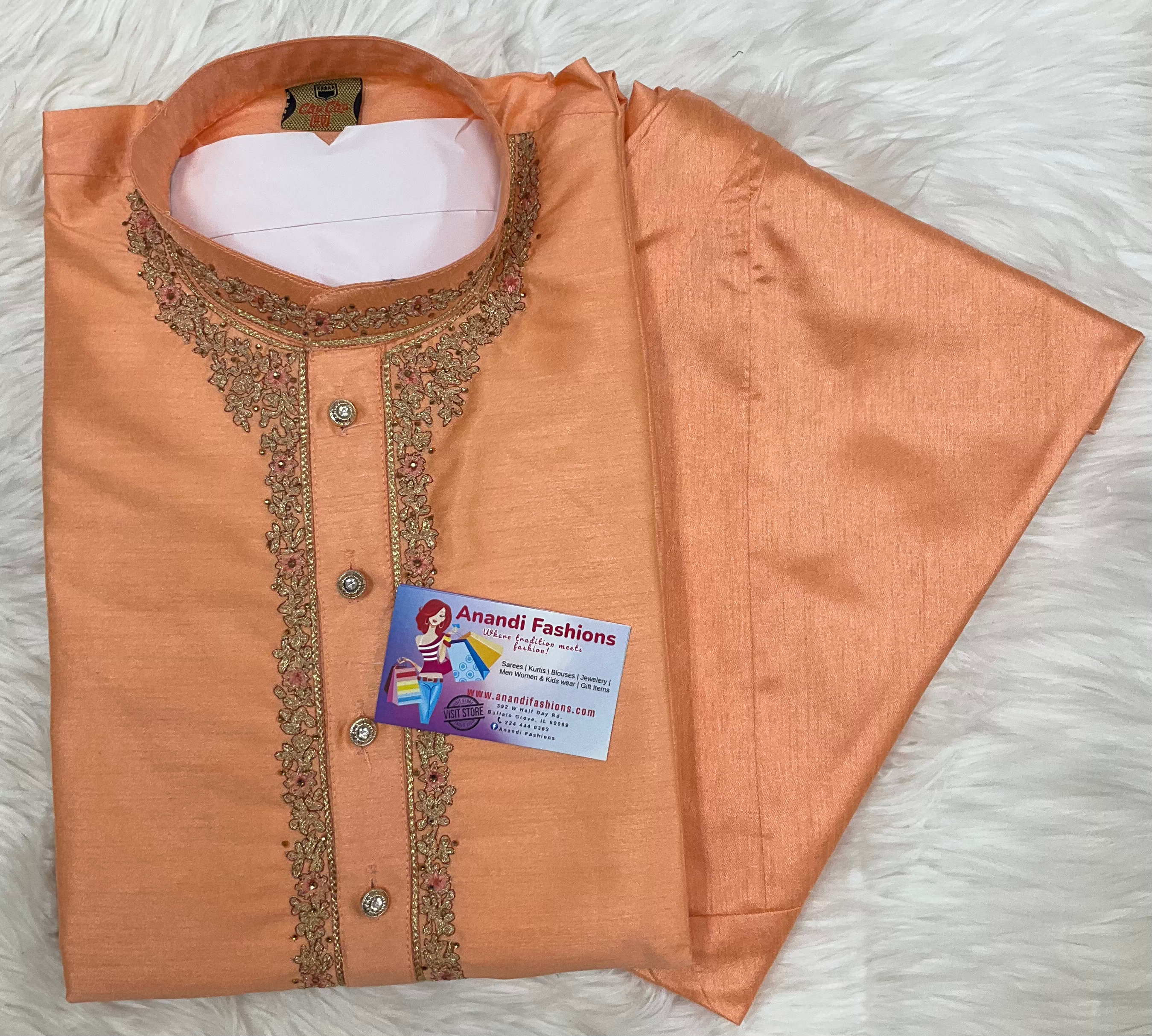 kurta pajama for men - Vibrant Colors Silk Mens Kurta with Embroidery image 3