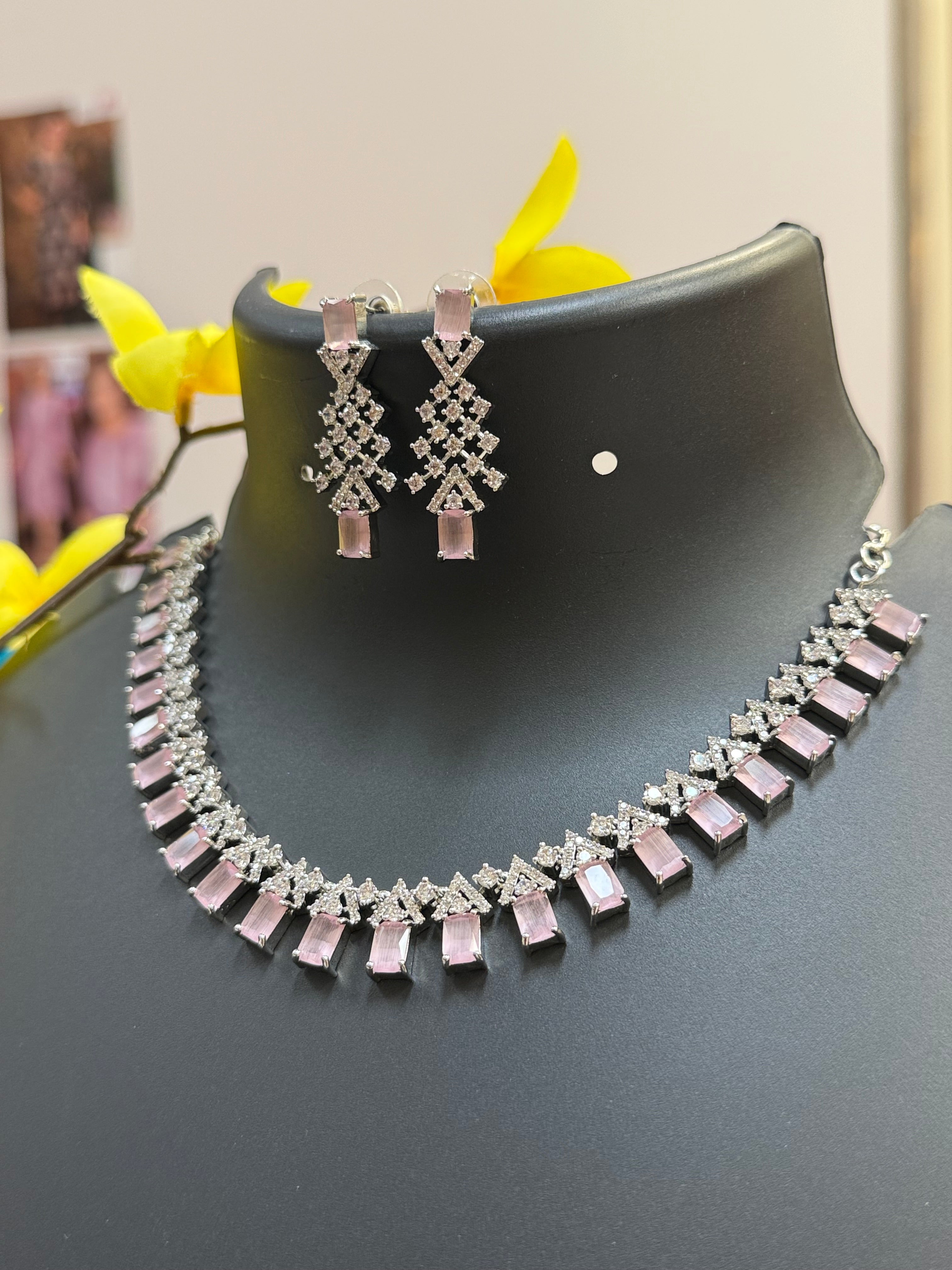 Baby Pink Color Stones - Silver Necklace set