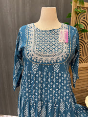 Plus Size Anarkali Blue Kurti - Long Length with Print