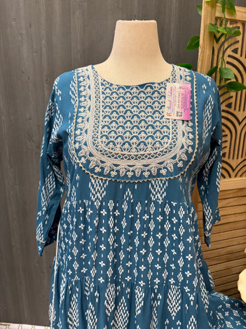 Plus Size Anarkali Blue Kurti - Long Length with Print