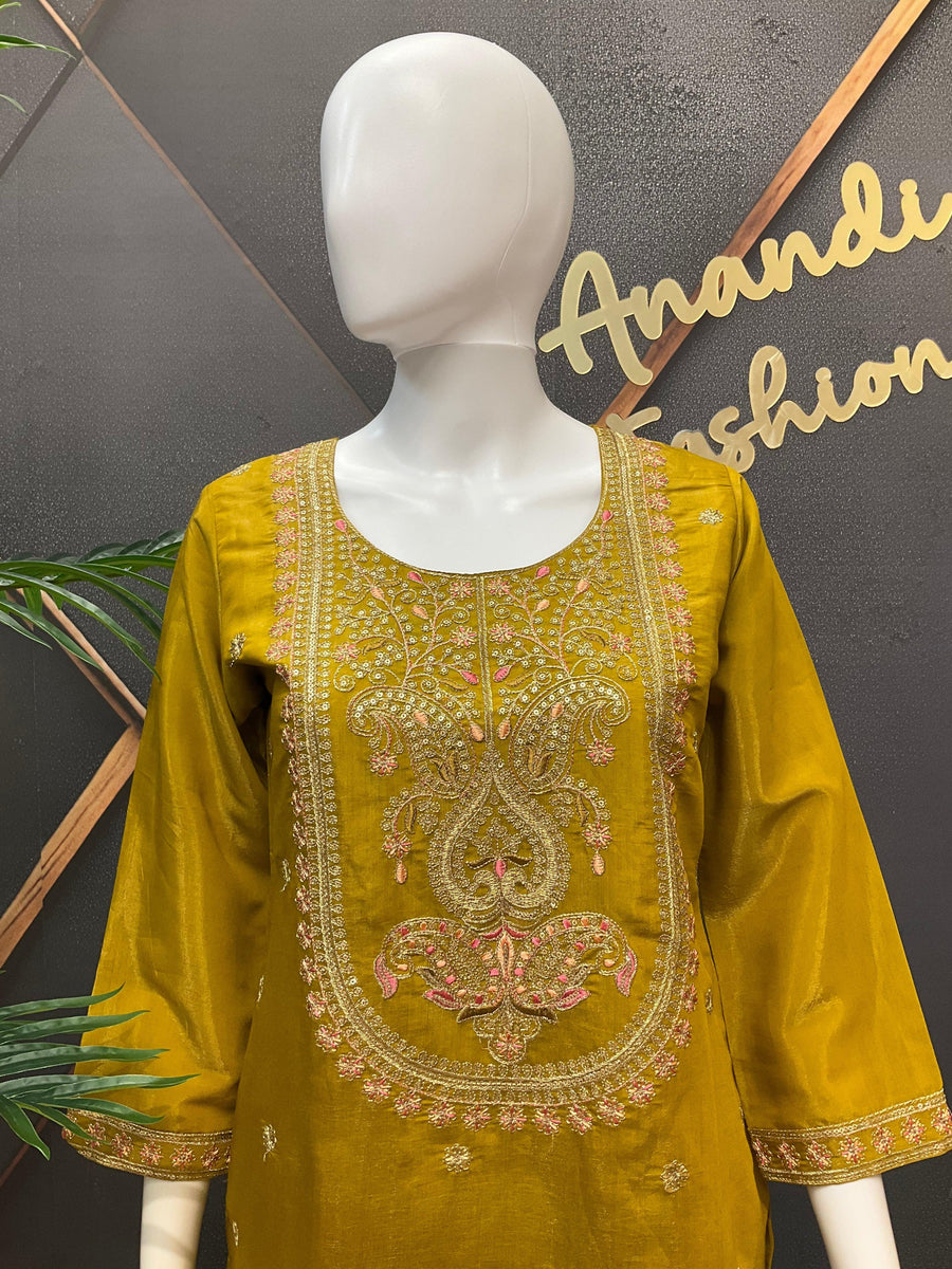 Mustard Yellow Shimmery Silk Party Wear Sharara Set
