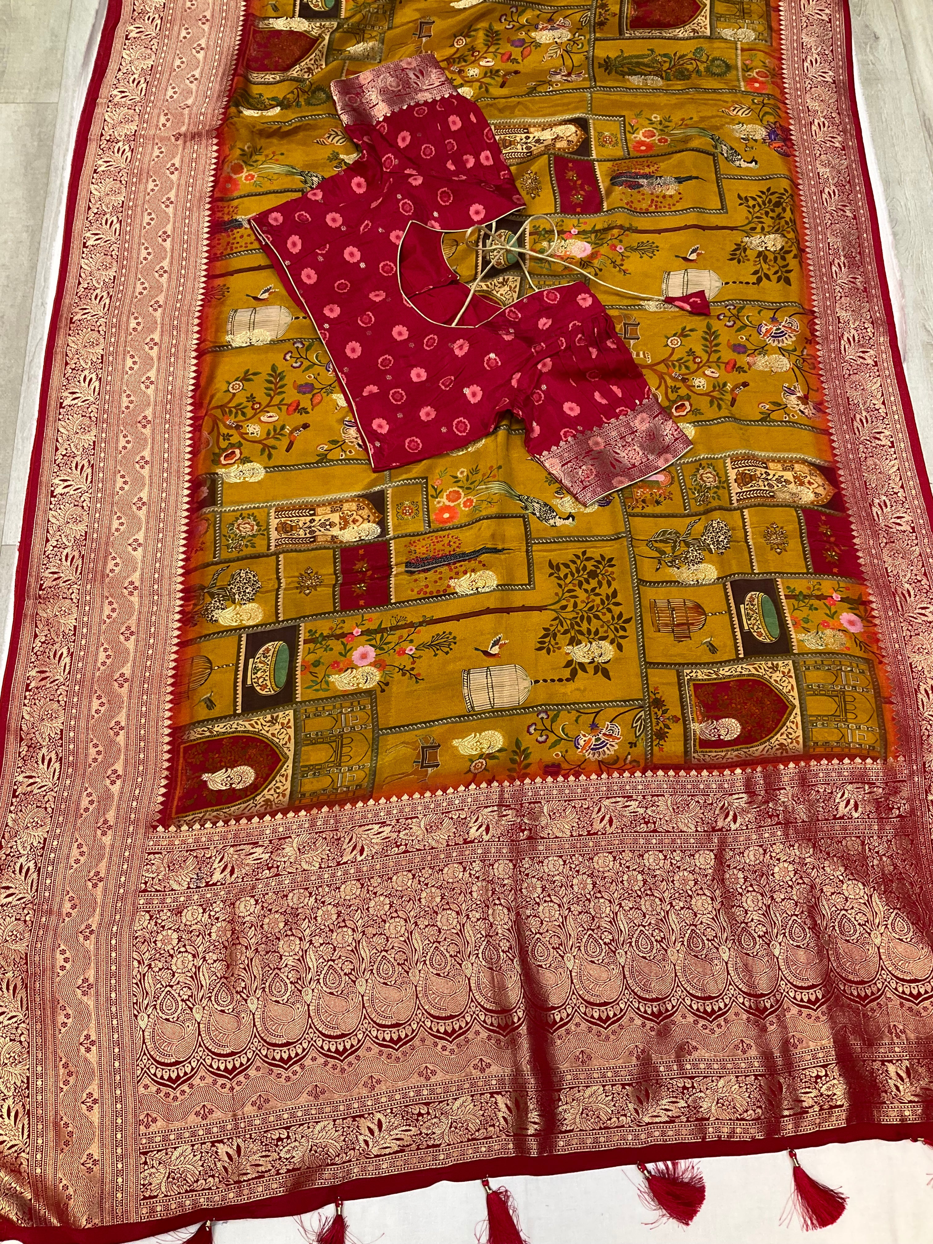 Unique Pattern - Mustard yellow Russian Silk saree  with Stitched Blouse - fall pico done