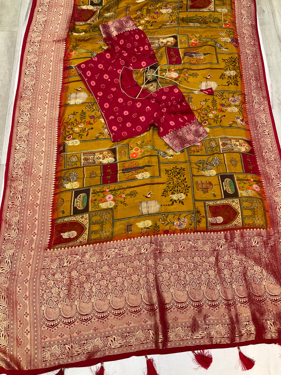 Unique Pattern - Mustard yellow Russian Silk saree with Stitched Blouse
