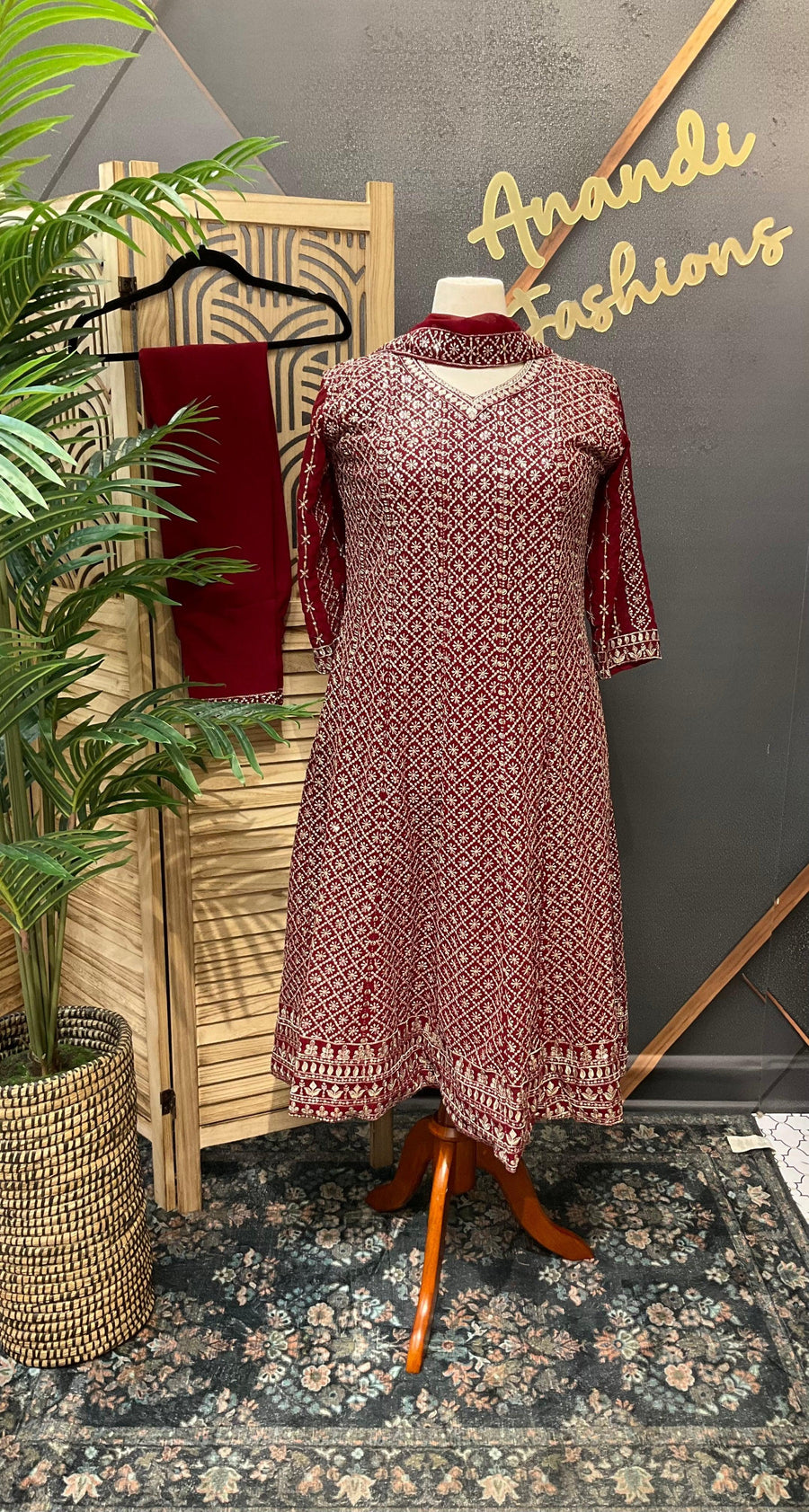 Maroon Georgette Anarkali Kurti Set Size 44 - Silver Zari Party Wear