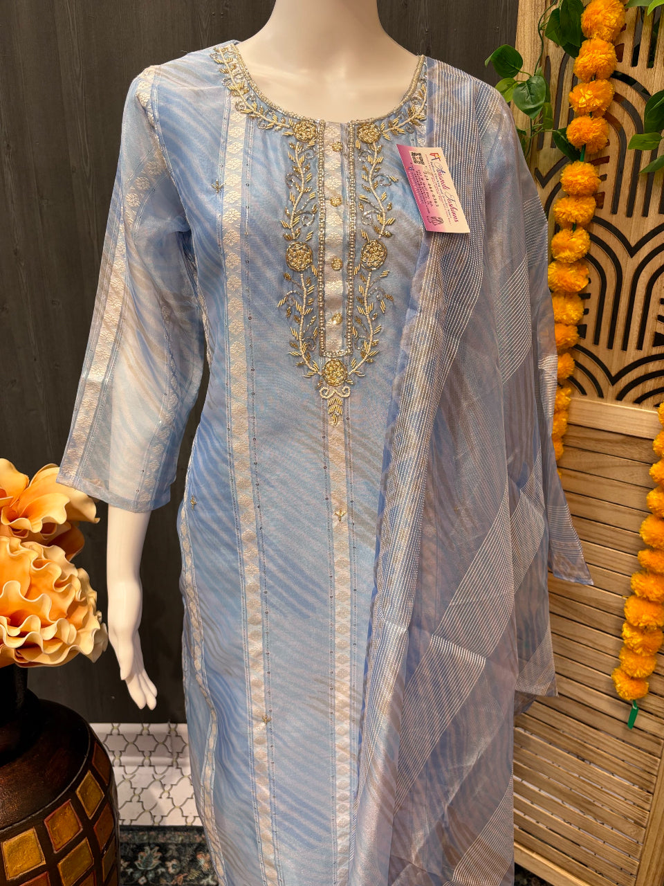 Blue -Organza Kurti/Churidar set image 1