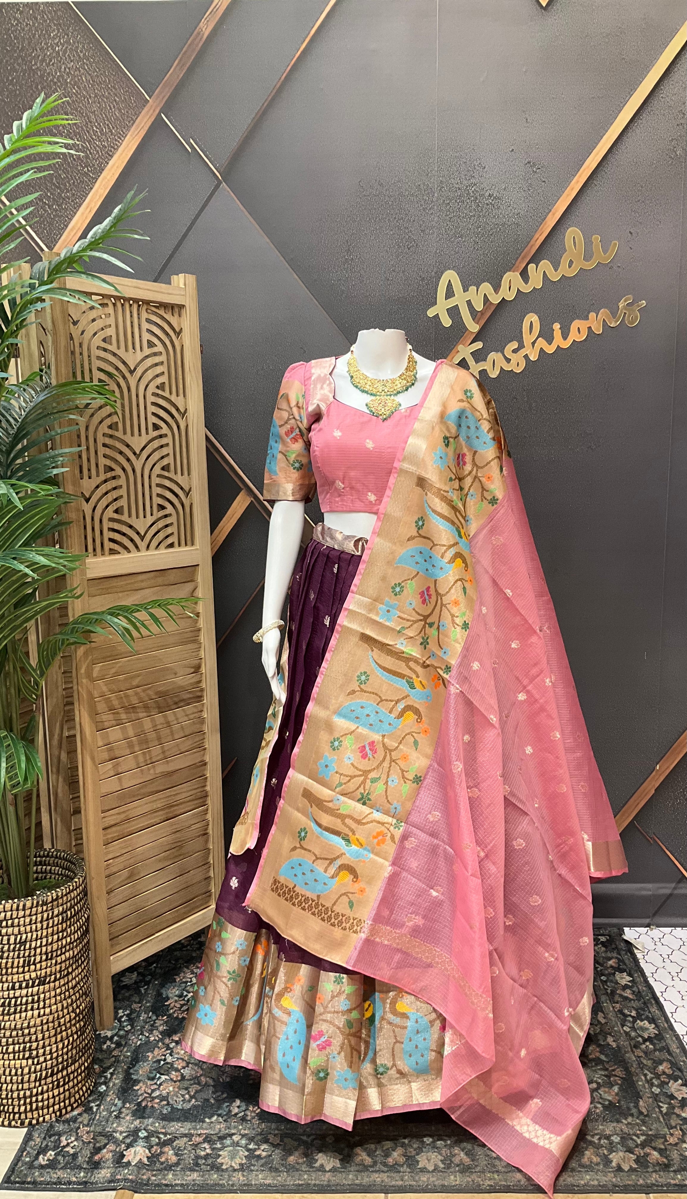 Wine & Baby Pink Silk Kota Half Saree set
