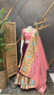 Wine & Baby Pink Silk Kota Half Saree set