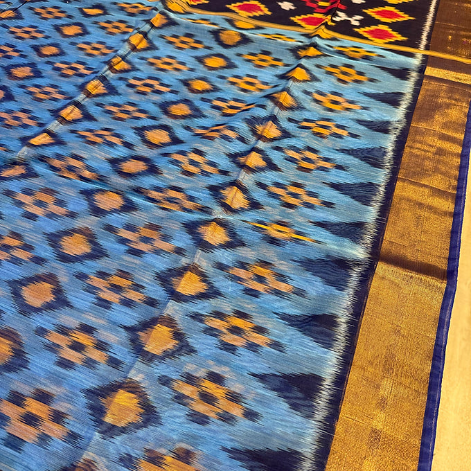 Blue -Pure Handloom Ikkat Print Seico Saree