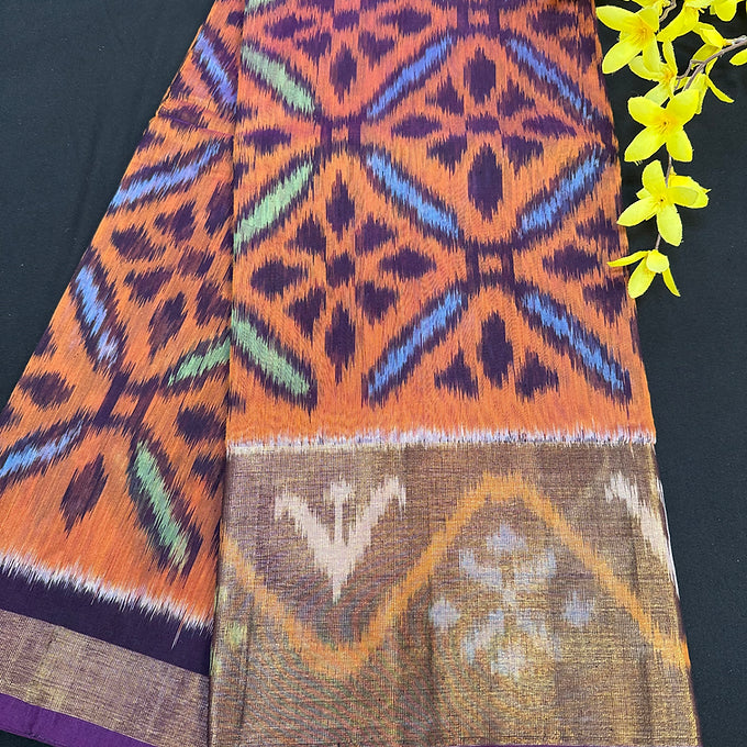 Rustic Orange & Purple-Pure Handloom Ikkat Seico Saree