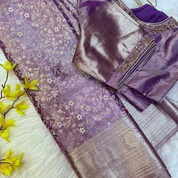 Pure Silk Pastel Colors Kanjeevaram Tissue Saree with Stitched Work Blouse