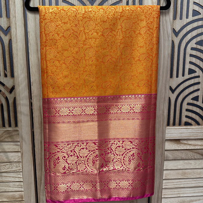 Orange & Pink- Semi Silk Kanjeevaram Saree with stitched Blouse
