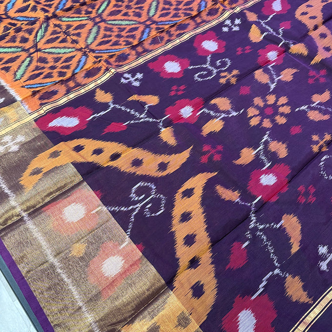 Rustic Orange & Purple-Pure Handloom Ikkat Seico Saree