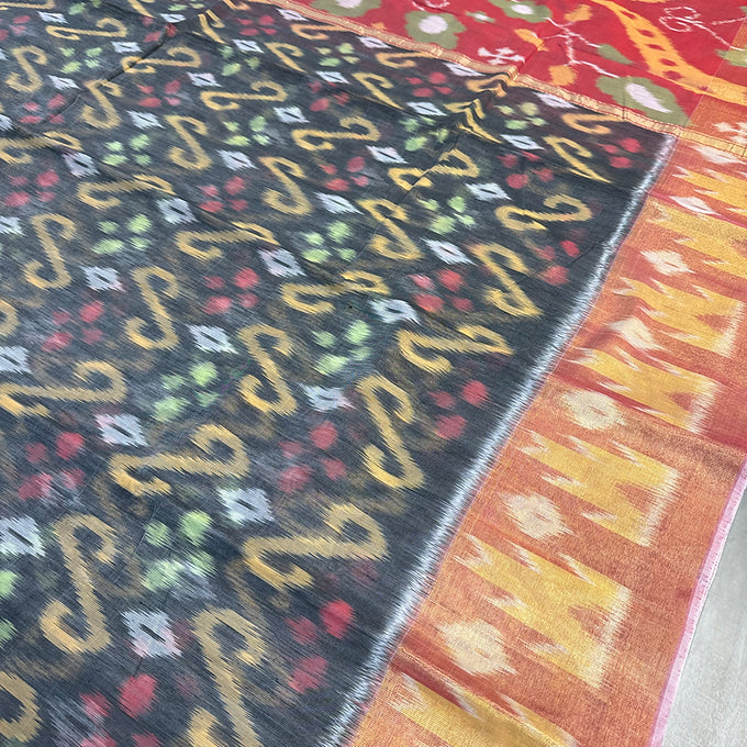 Grey- Pure Handloom Ikkat Print Seico Saree