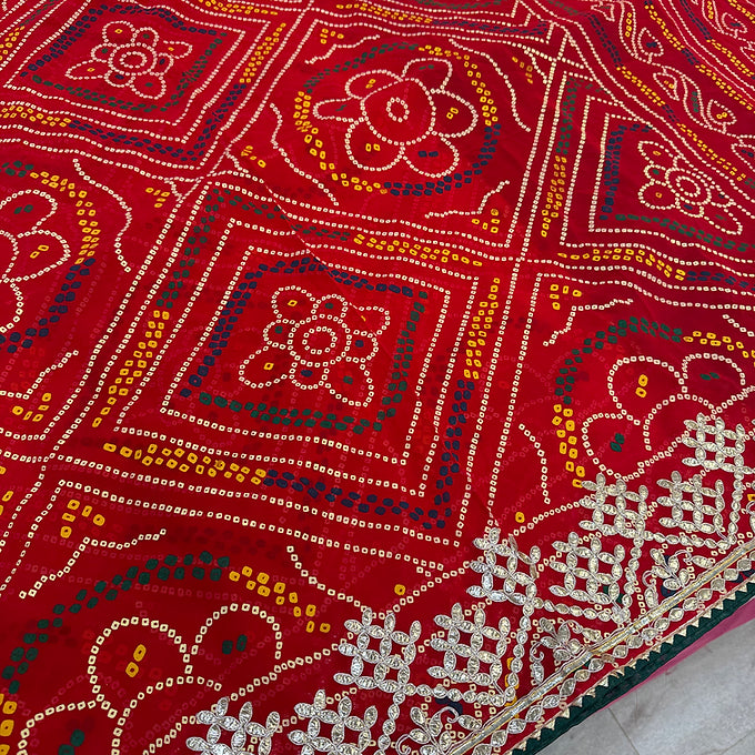 Bright Red Bandhani Print Saree with Gota Patti work