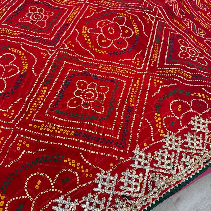 Bright Red Bandhani Print Georgette Saree with Gota Patti Work