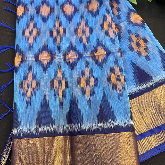 Blue -Pure Handloom Ikkat Print Seico Saree