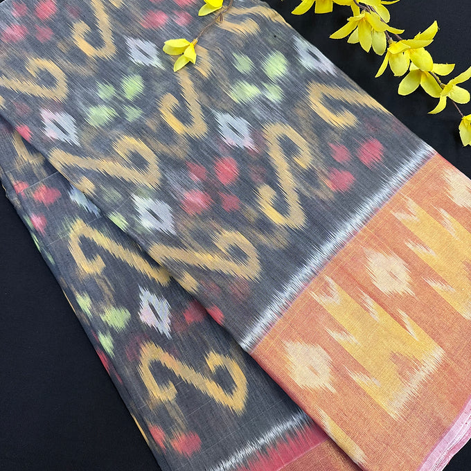 Grey- Pure Handloom Ikkat Print Seico Saree