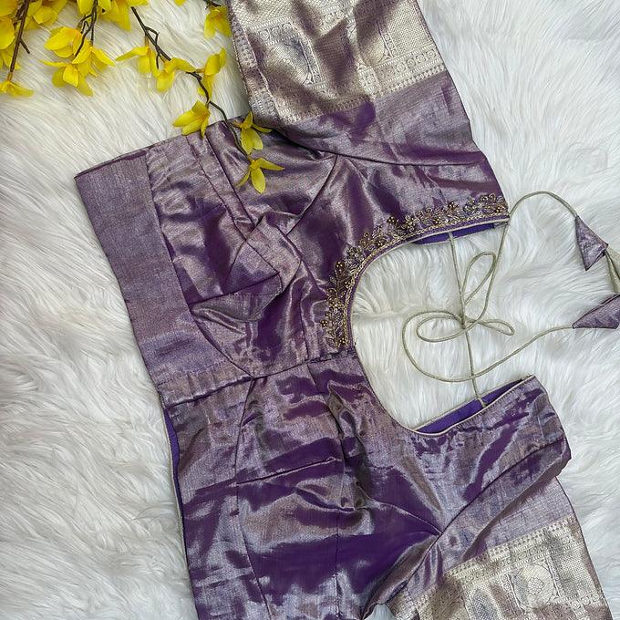 Pure Silk Pastel Colors Kanjeevaram Tissue Saree with Stitched Work Blouse