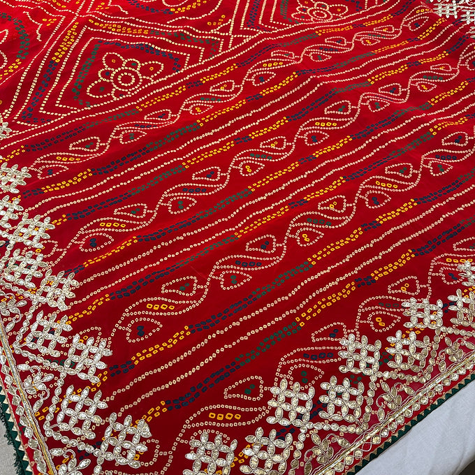 Bright Red Bandhani Print Saree with Gota Patti work