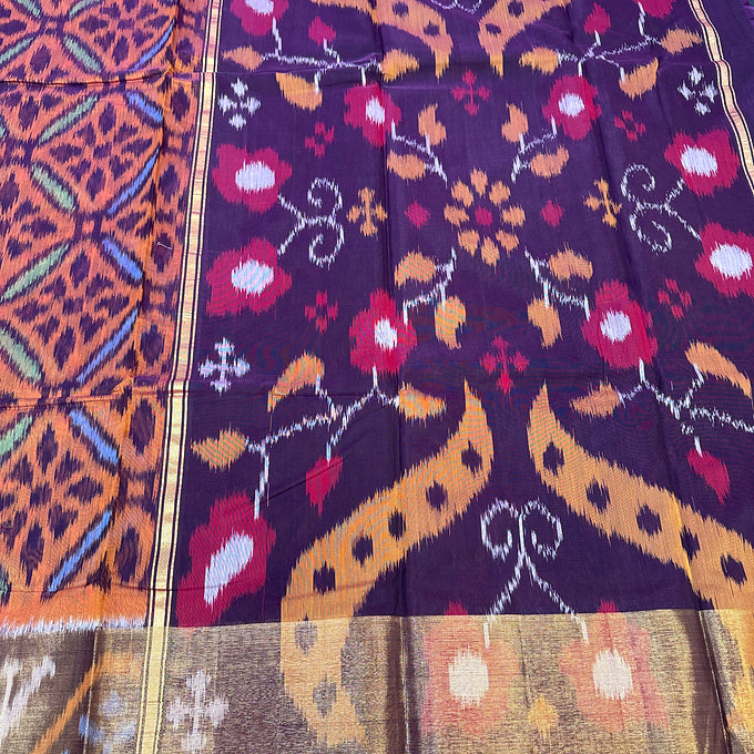 Rustic Orange & Purple-Pure Handloom Ikkat Seico Saree
