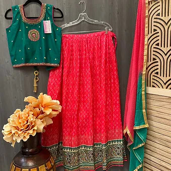 Festive Green and Pink Teen Silk Lehenga set-Size 40/Teen 14