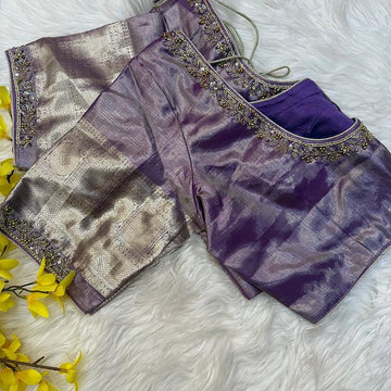 Pure Silk Pastel Colors Kanjeevaram Tissue Saree with Stitched Work Blouse