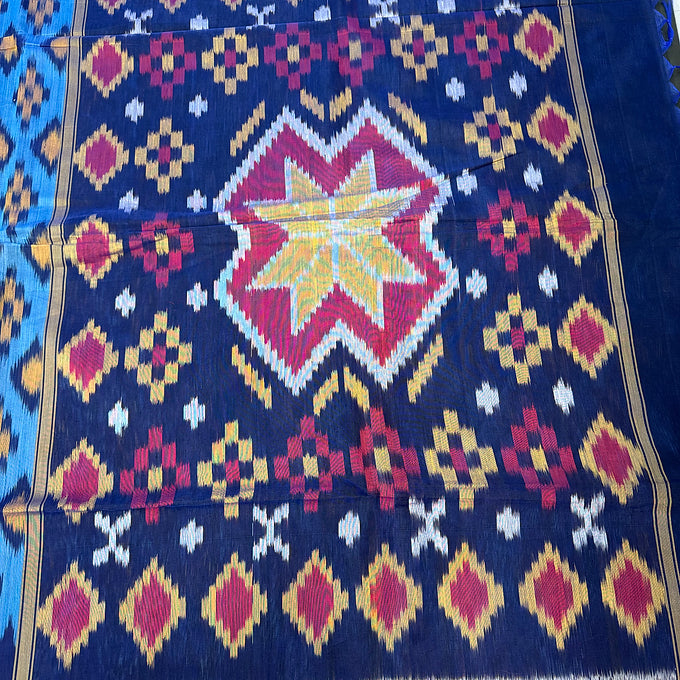 Blue -Pure Handloom Ikkat Print Seico Saree