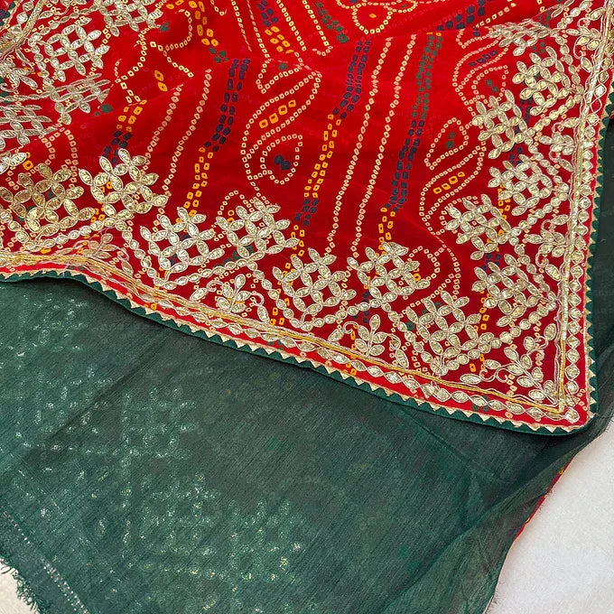 Bright Red Bandhani Print Georgette Saree with Gota Patti Work