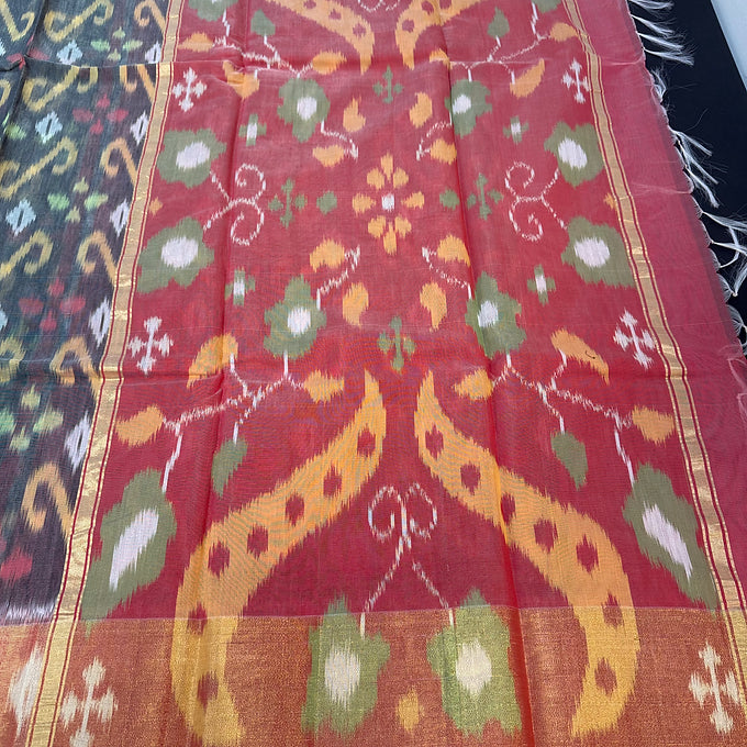 Grey- Pure Handloom Ikkat Print Seico Saree