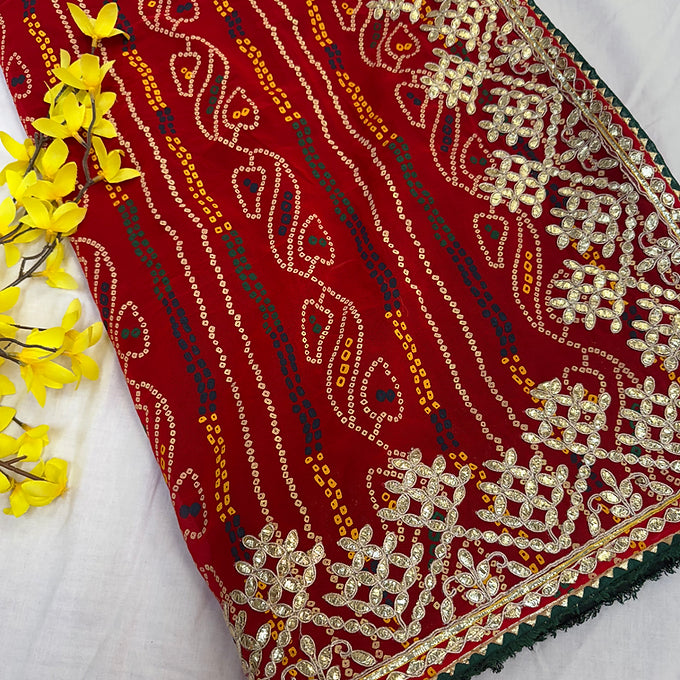 Bright Red Bandhani Print Saree with Gota Patti work
