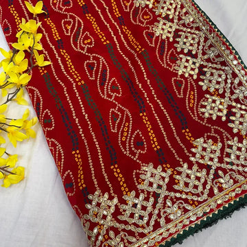 Bright Red Bandhani Print Georgette Saree with Gota Patti Work