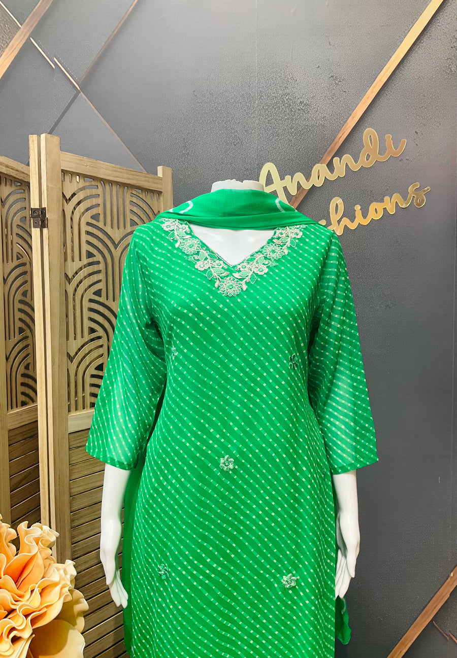 Green Leheriya Georgette Kurti set