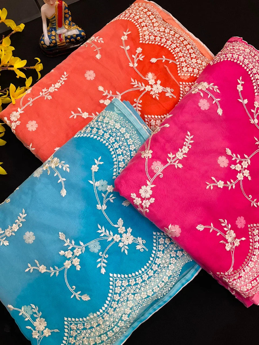 Organza Saree with Thread Embroidery - Elegant Lightweight Saree