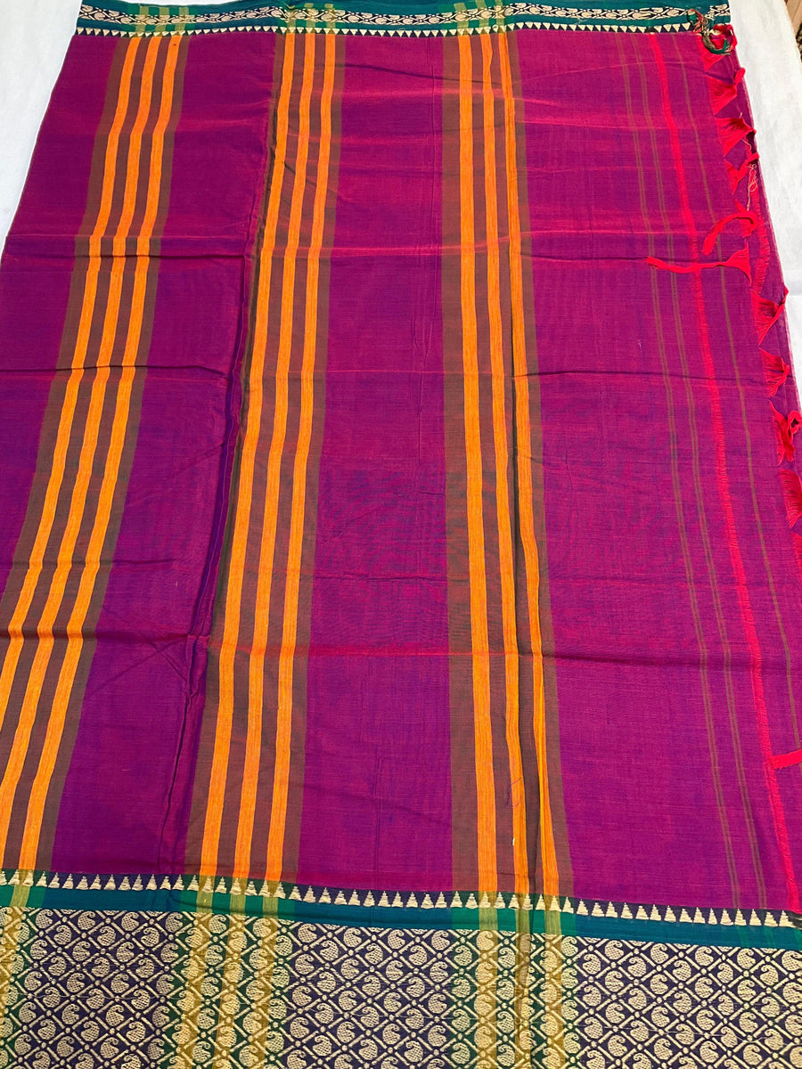 Dark Pink Narayanpet Pure Cotton Saree - Green Border with Mango Design
