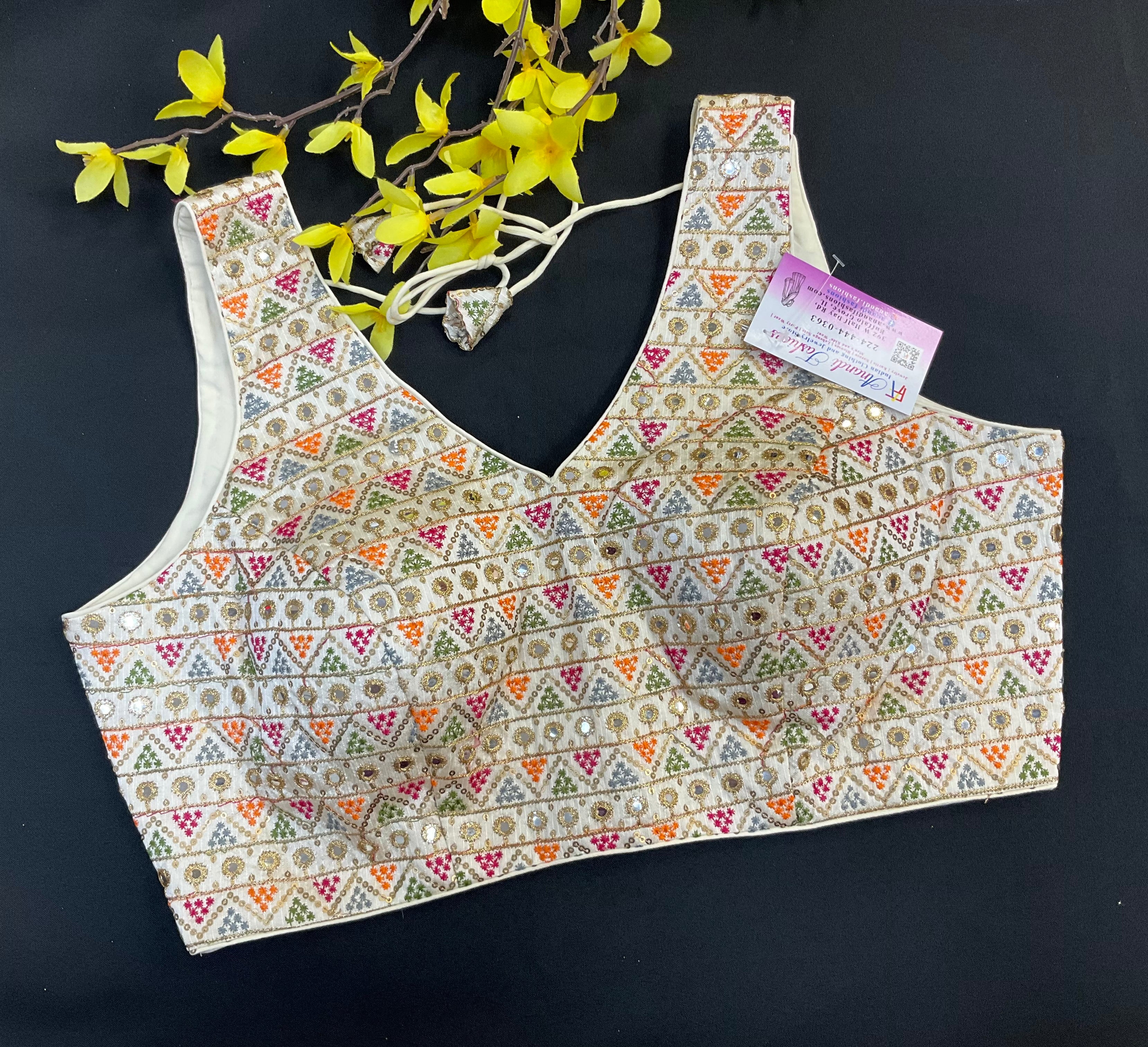 Half White Embroidery Work Blouse- Sleeveless