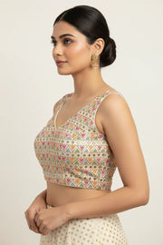 Off White Embroidery Work Blouse Sleeveless