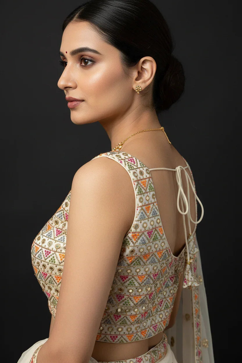 Half White Embroidery Work Blouse- Sleeveless