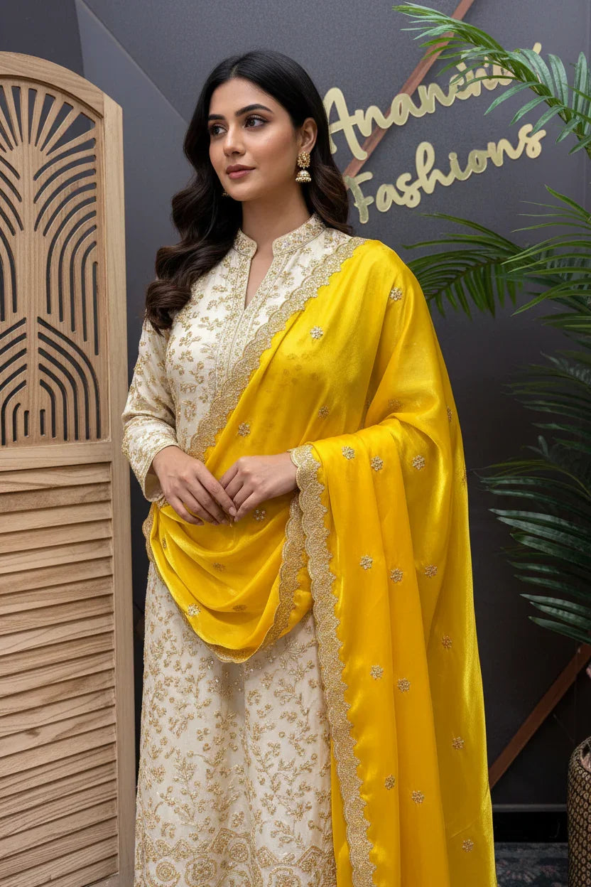 Woman wearing elegant cream and gold embroidered Indian ethnic dress with bright yellow embroidered dupatta at Anandi Fashions