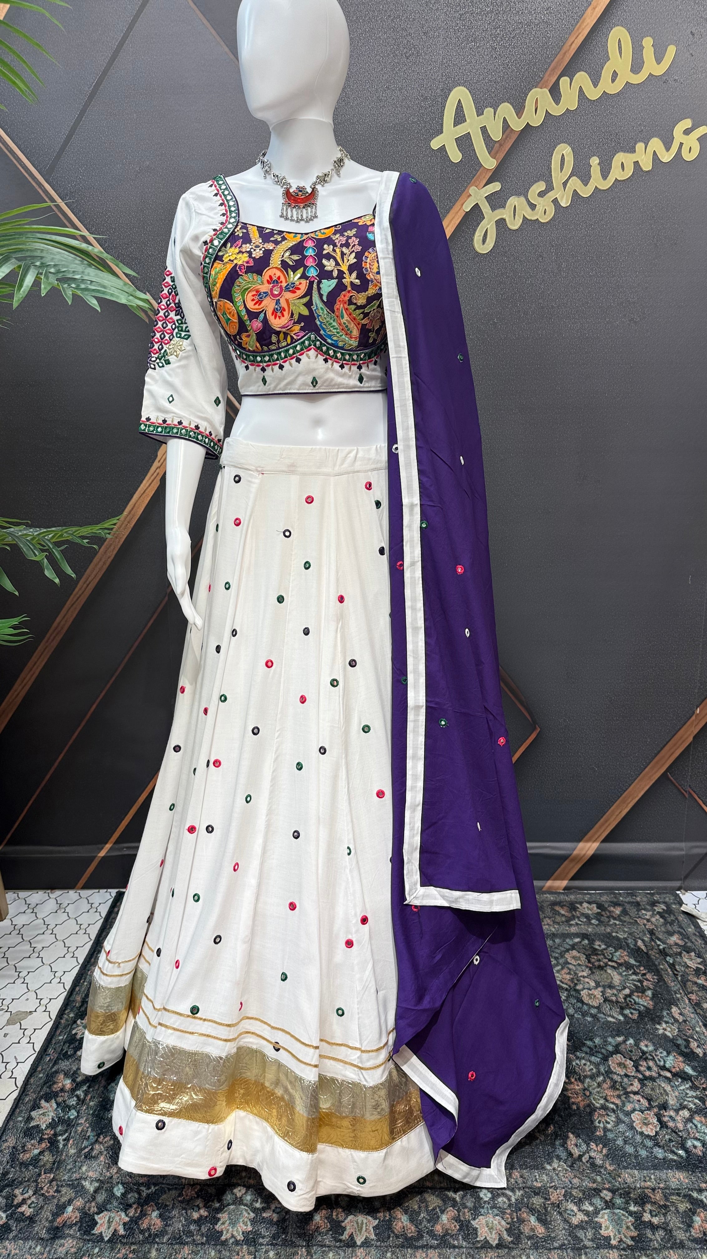Garba Special White lehanga set with Kalamkari design on the blouse- Size 36(fits upto 44)