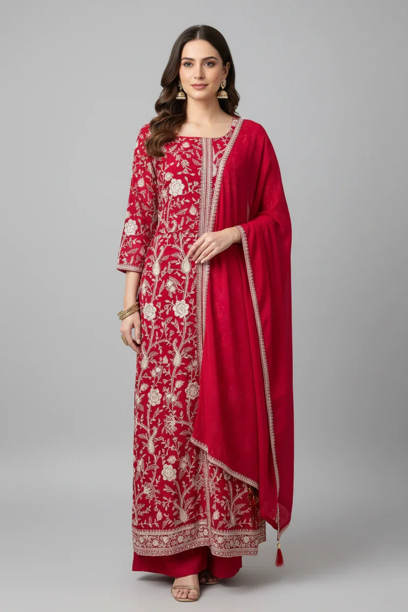 Woman wearing red embroidered Indian ethnic wear with floral design and matching dupatta at Anandi Fashions
