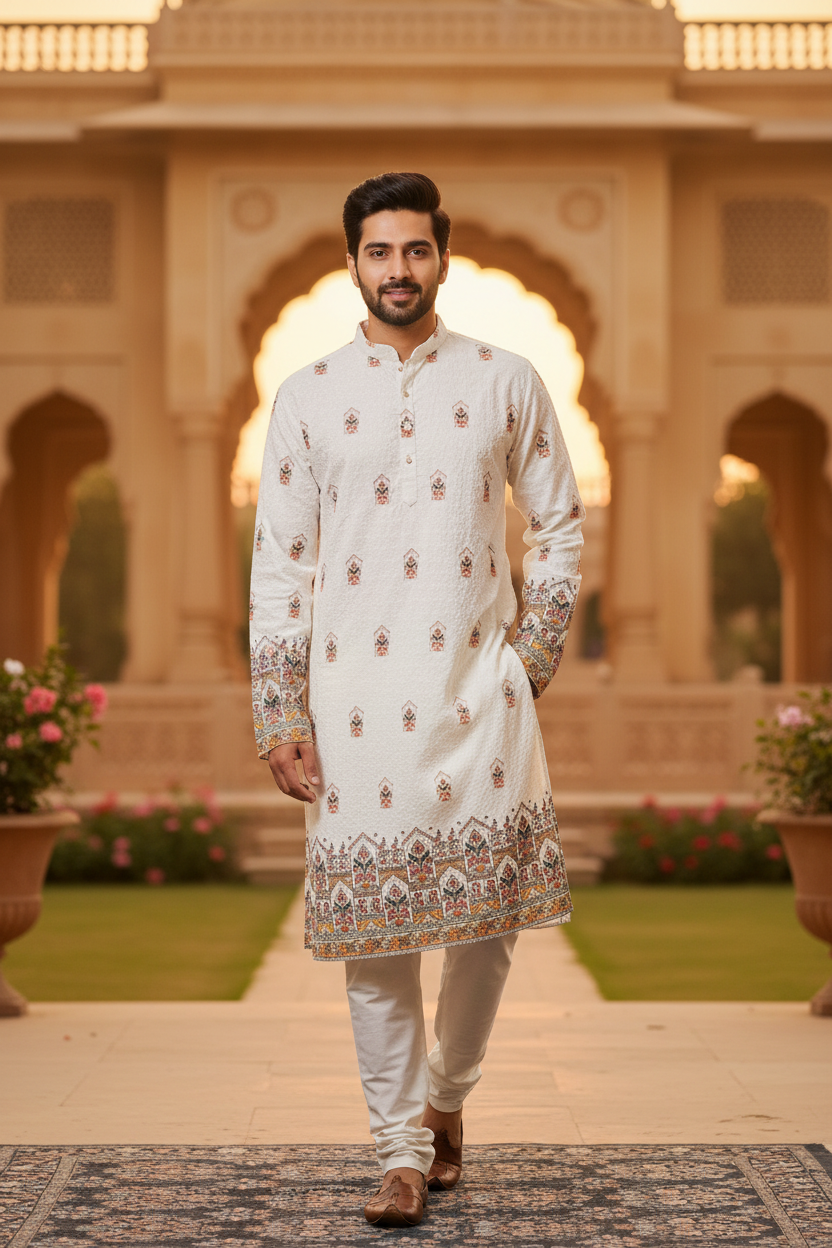 White Chikankari Mens kurta set