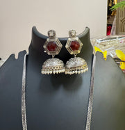 German Silver Long Necklace Chain with Multicolor Stone Pendant