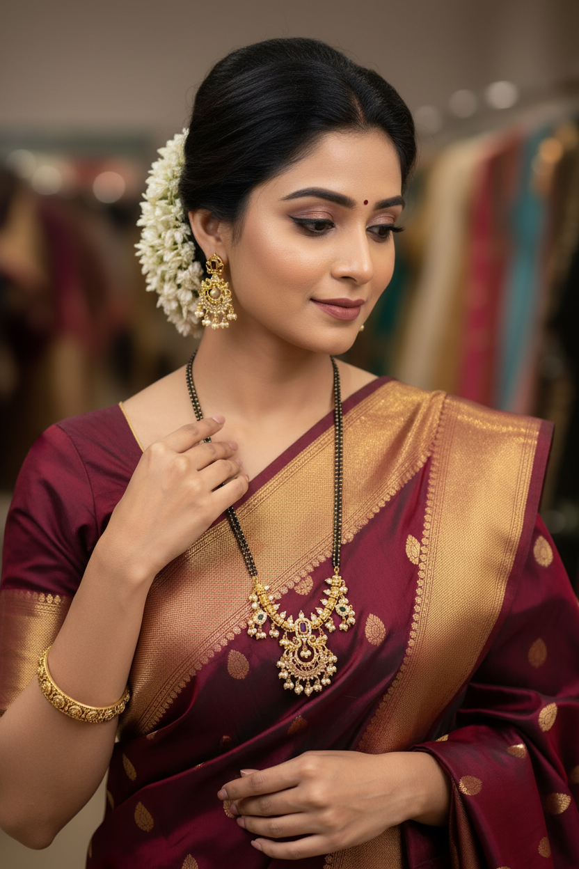 Woman wearing maroon and gold traditional Indian saree with gold jewelry and jasmine flowers in hair at boutique