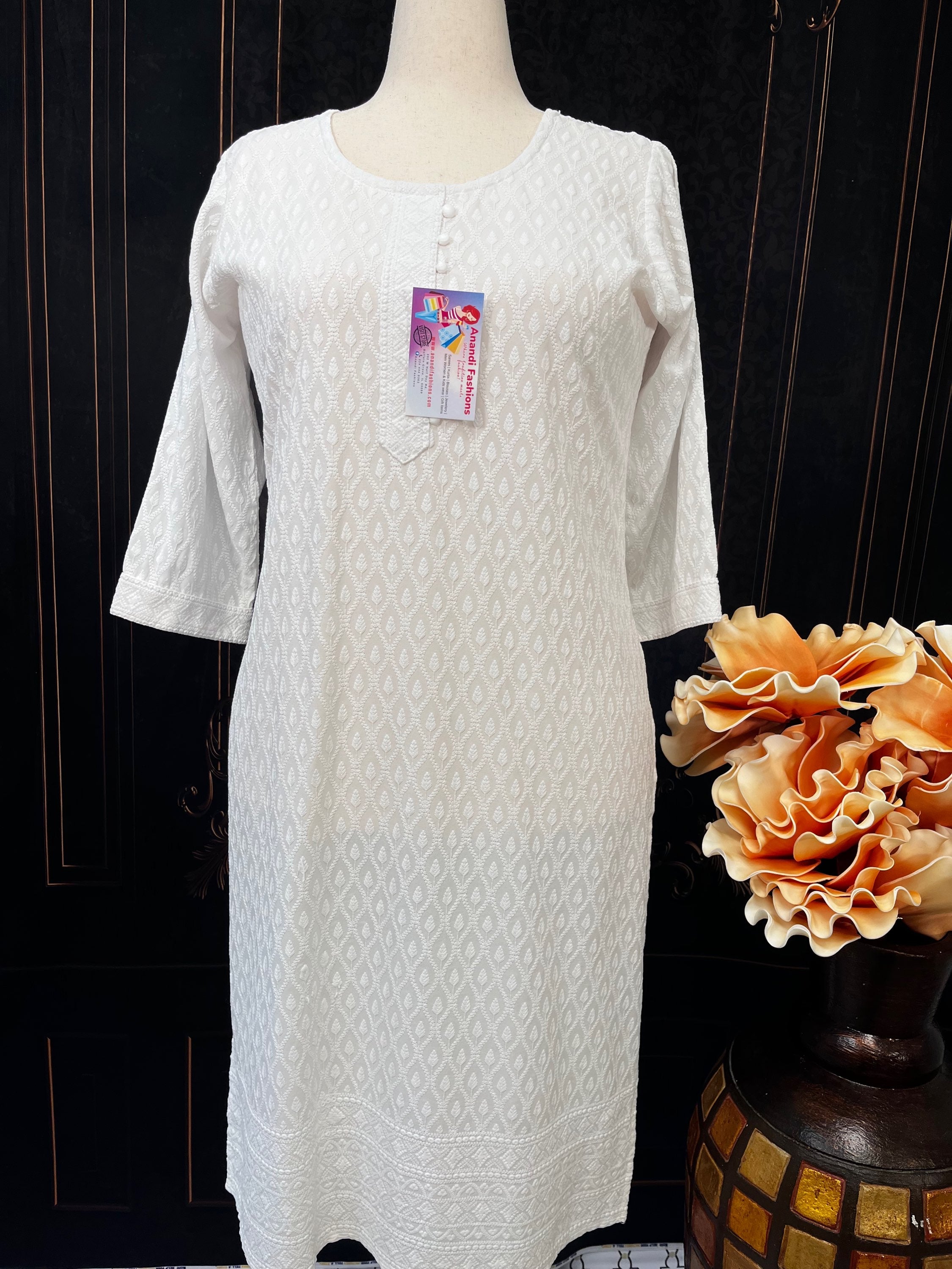 Plus Size  - white ChikanKari Rayon  kurti image 1