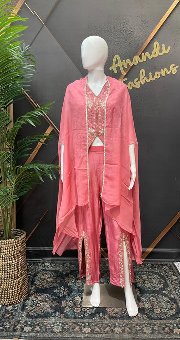 Pink Satin Silk Indo Western Set with Vest - Party Wear