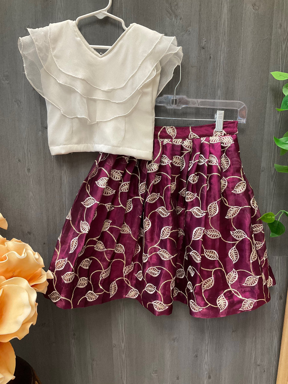 Purple- Toddler Girls Pavadai set with stylish white top image 1