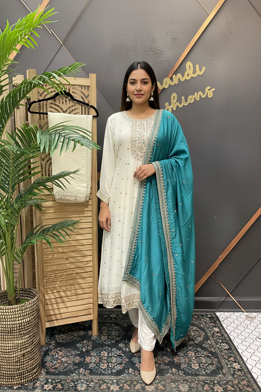 Plus size- Half White Anarkali kurti sets