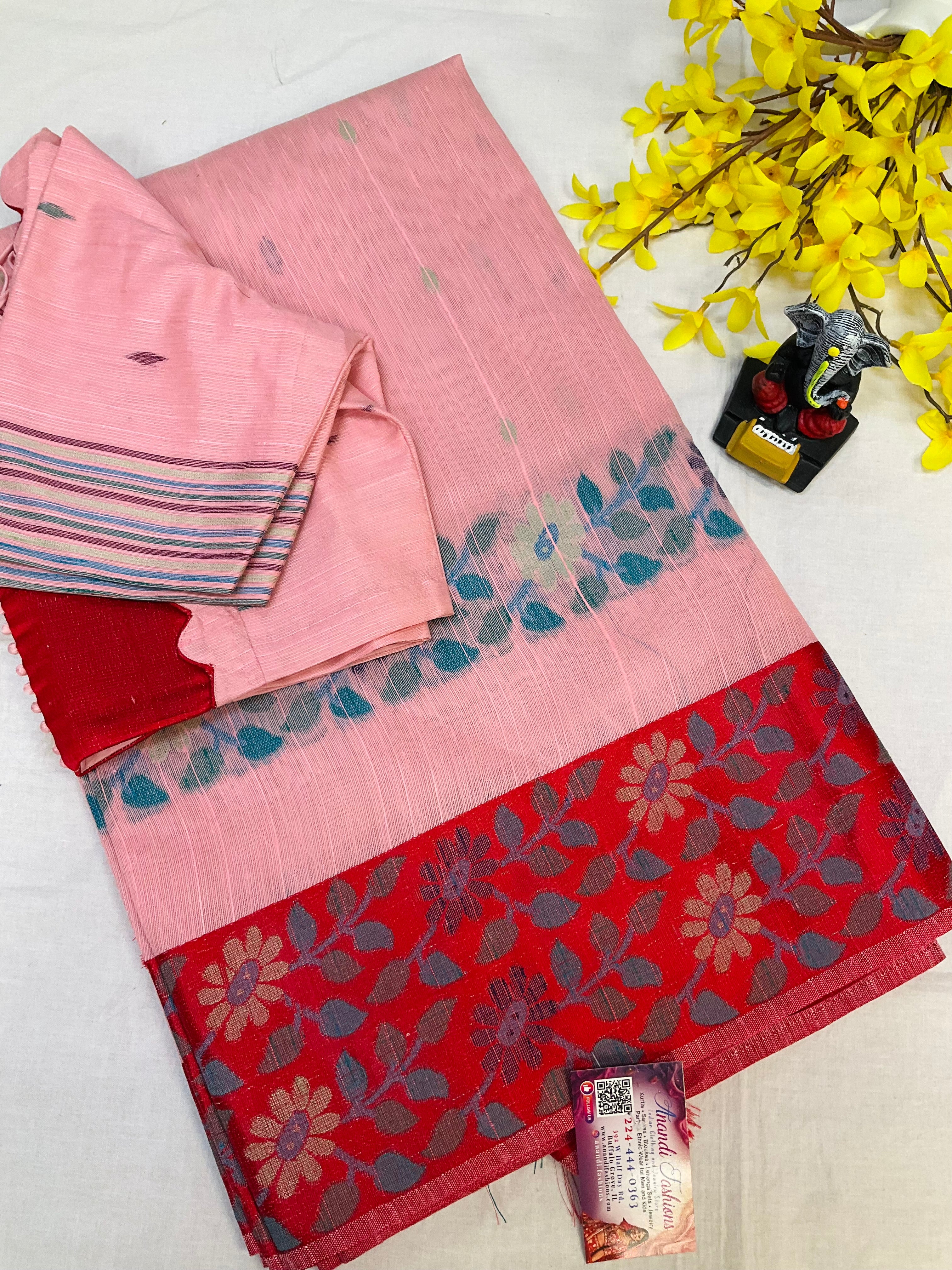 Pink-Lenin Jamdhani Saree with Stitched blouse- fall pico done