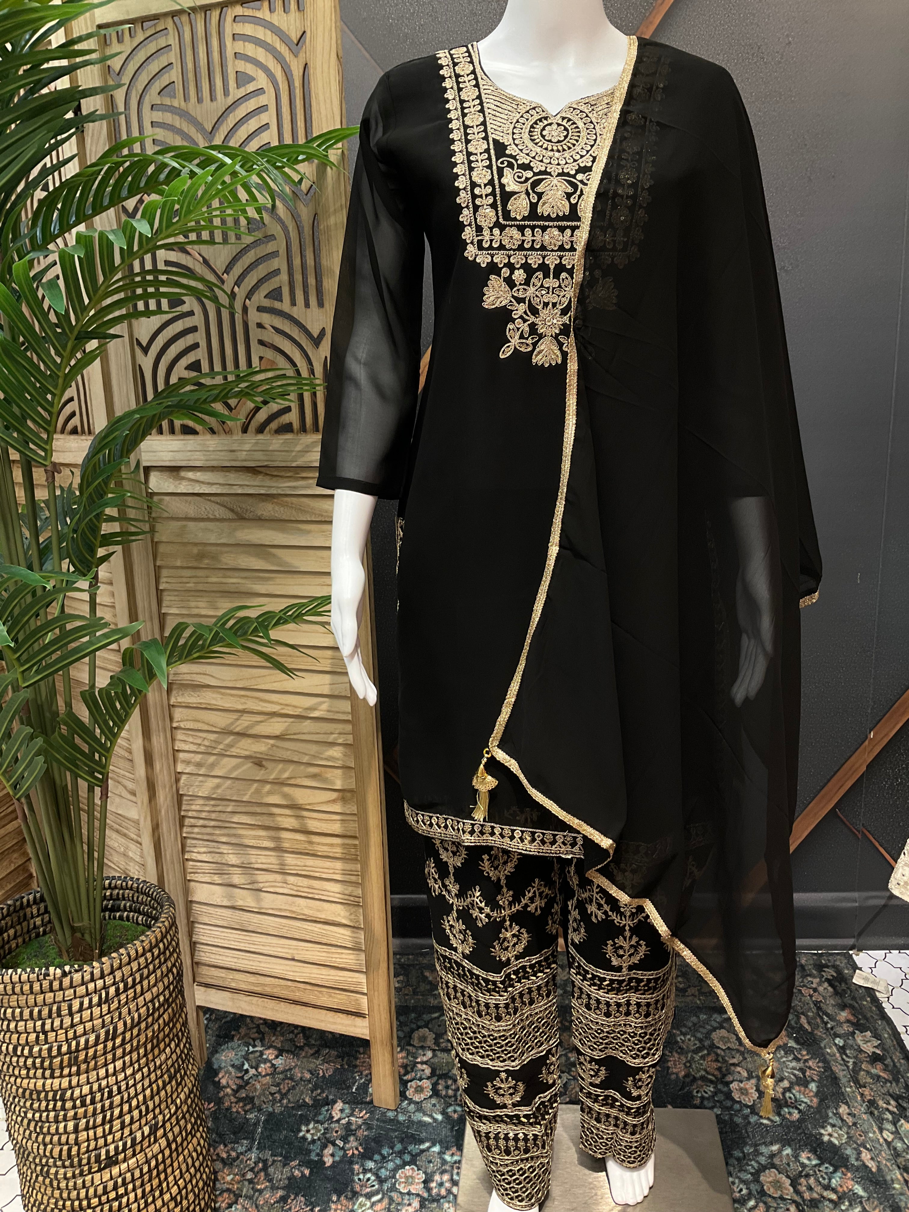 Party Wear Georgette Kurti set- Embroidery Work Pants