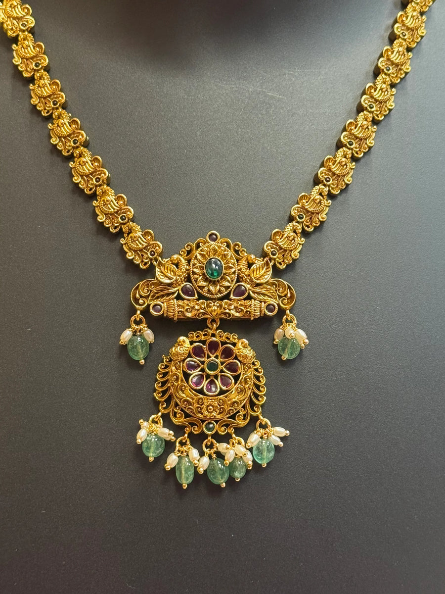 Antique Finish Peacock Design Necklace Set with Rice Pearls & Monalisa Beads